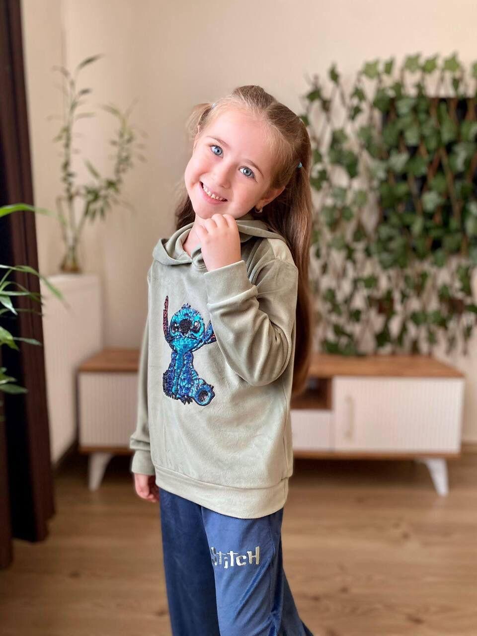 7125 STİTCH PULLU NAKIŞLI KADİFE KIZ  2Lİ TAKIM