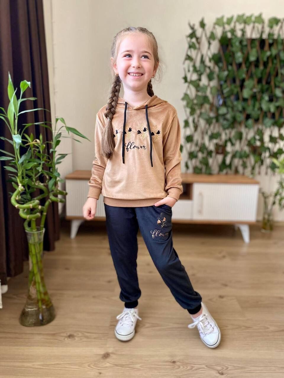 7121  FLOWER NAKIŞLI KADİFE KIZ GARSON 2Lİ TAKIM