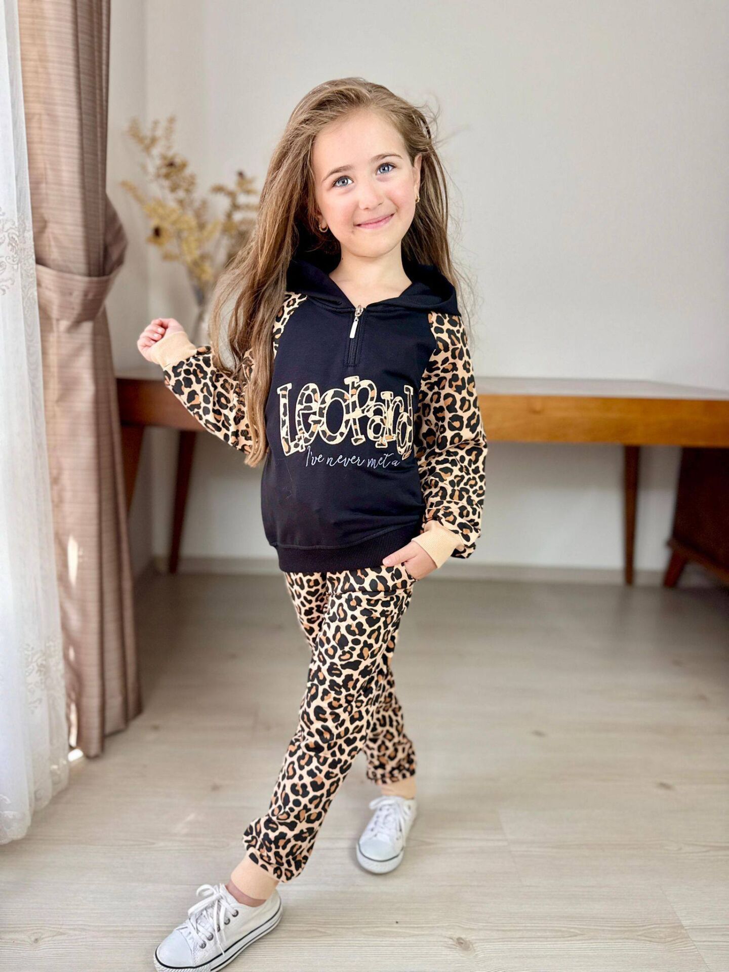 P3318 KAPÜŞONLU LEOPAR 2 Lİ KIZ TAKIM