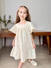 P 26-146 BRODELİ KETEN KUMAŞ  KIZ ELBİSE