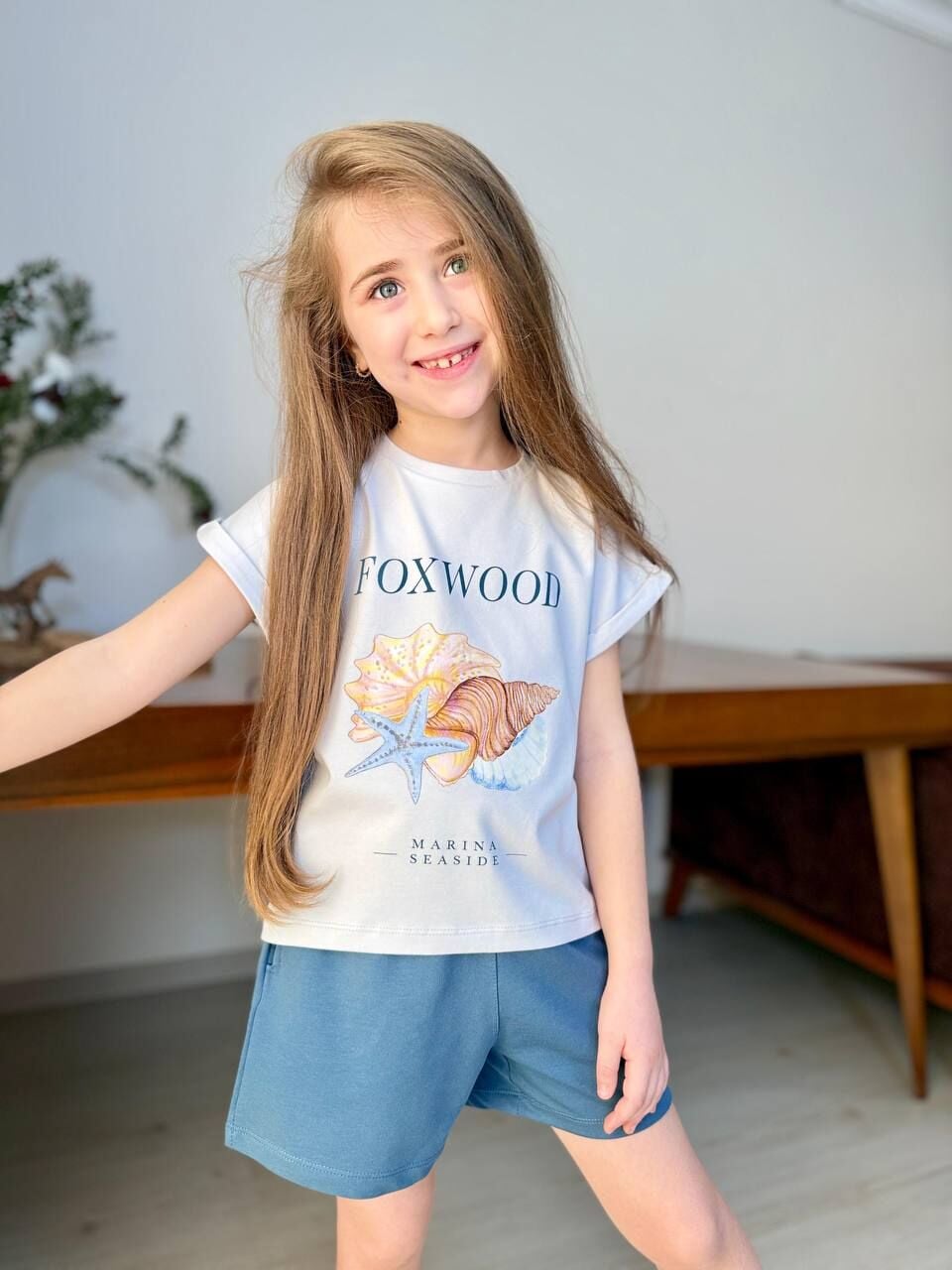 P 26-138 DUBLE KOL DENİZ KABUĞU BASKI  2 Lİ KIZ ŞORT TAKIM