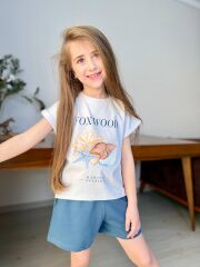 P 26-138 DUBLE KOL DENİZ KABUĞU BASKI  2 Lİ KIZ ŞORT TAKIM