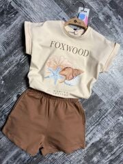 P 26-138 DUBLE KOL DENİZ KABUĞU BASKI  2 Lİ KIZ ŞORT TAKIM