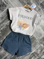 P 26-138 DUBLE KOL DENİZ KABUĞU BASKI  2 Lİ KIZ ŞORT TAKIM