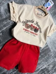 P26-141 FRİENDS KOL FIRFIRLI  CEPLİ KIZ ŞORT TAKIM