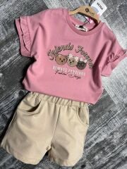 P26-141 FRİENDS KOL FIRFIRLI  CEPLİ KIZ ŞORT TAKIM